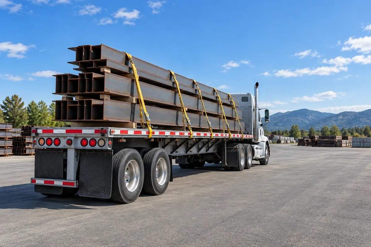 Secured steel freight on a flatbed trailer